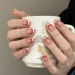 Press On Nails French Red Heart Lace Design Square Short Glossy Fake Nails For Women Sweet Vintage Style