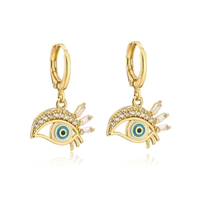 Creative 18K gold plated evil eye hoop earrings with blue enamel and zircon stones
