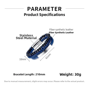 Detailed specs of layered leather bracelet with black beads and magnetic steel clasp