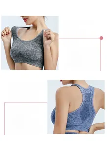 Detail of grey and blue racerback sports bra showing seamless knit texture and wide hem