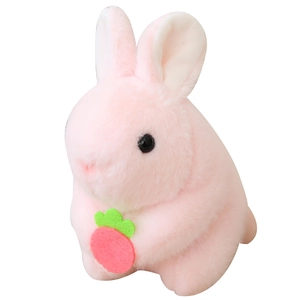Cute pink plush rabbit doll holding a strawberry accessory on a clean white background