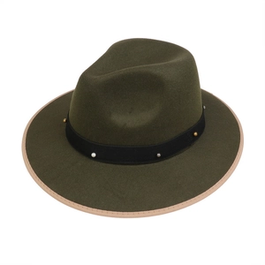 Detail of olive green fedora with black decorative band and spherical ornaments