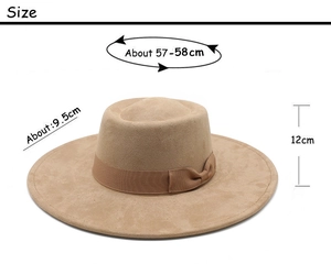 Spécifications de taille pour chapeau en suédine beige avec nœud et dimensions clés