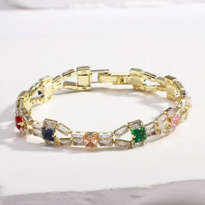 Detail of 4mm colorful cubic zirconia tennis bracelet with gold plating and square stones