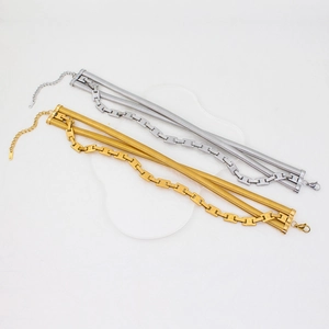 Three-layer titanium steel necklace featuring gold and silver snake and square link chains