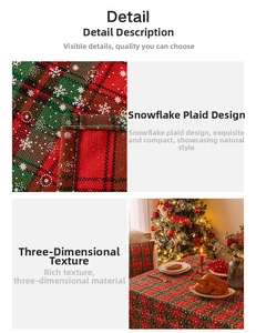 Detail of red and green plaid Christmas tablecloth with snowflake print and hemmed edges