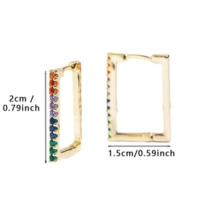 Detailed size view of gold rectangular hoop earrings with colorful rainbow zircons