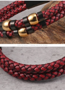 Detail of red and black double-layer braided leather bracelet with gold and black metal beads