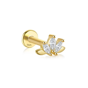 Macro detail of S925 sterling silver stamp on golden butterfly flower stud earring
