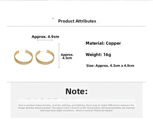 Detailed view of woven texture 18K gold-plated C-shaped earrings with size specs