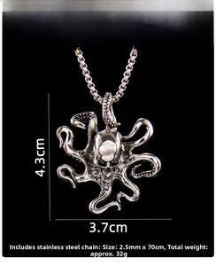 Macro detail of octopus skull pendant showing dimensions and stainless steel chain