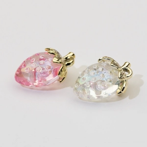 Pink and white transparent strawberry pendants with gold leaves for DIY jewelry making