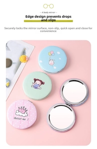 Close-up of portable folding makeup mirrors with cute prints and soft PU leather texture