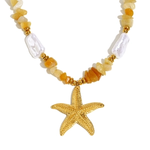 18K gold plated stainless steel necklace with starfish charm and pearl beads