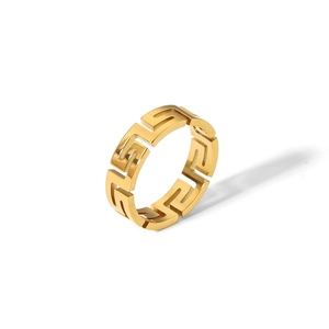 Detailed view of the hollow geometric Greek meander pattern on a gold stainless steel ring