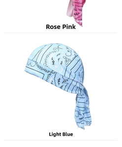 Detail of Rose Pink and Light Blue paisley bandanas with adjustable tie-back design