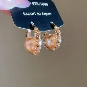 Elegant French style gold U-shaped earrings with pink crystals and high-luster pearls