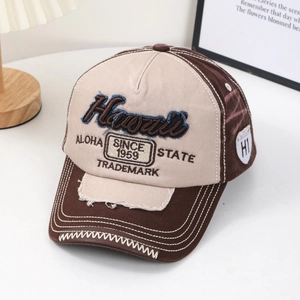 Retro Hawaii embroidered baseball cap with distressed canvas and contrast brim design
