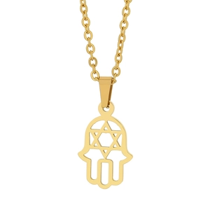 18K gold plated Hamsa Hand pendant necklace with Star of David cutout on white background