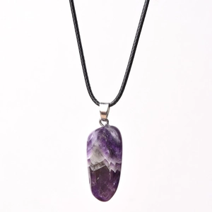 Minimalist purple natural stone pendant necklace with adjustable black cord on white background