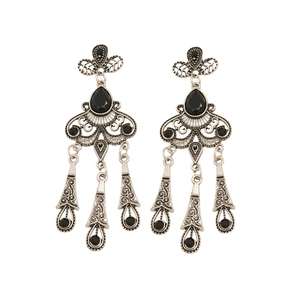 Vintage silver tassel earrings with black gemstones and intricate floral hollow design