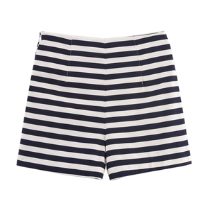 Detailed flat lay of high-waisted navy and white striped casual shorts with side zipper