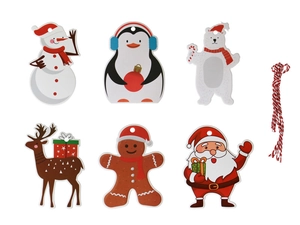 Set of Christmas paper gift tags with snowman and penguin designs and red cotton string