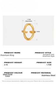 Detailed view of adjustable 18K gold plated oval stainless steel ring with 1.7cm size mark