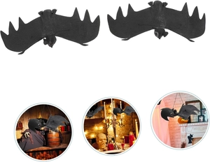 Realistic black rubber Halloween bats shown in flying poses and spooky decor settings