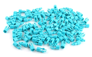 Close-up of blue plastic connectors for children's DIY building tent and castle kits