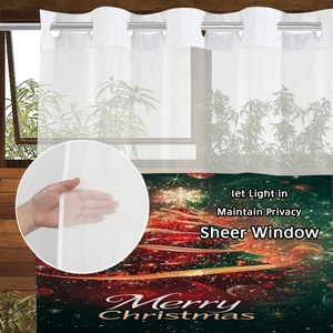 White Christmas sheer shower curtain with Merry Christmas print and metal grommet top header