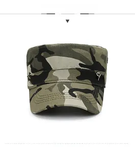 Close-up of camouflage military flat top cap featuring silver Sport metal logo detail
