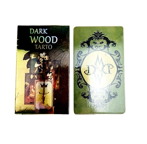 Macro view of Dark Wood Tarot box and decorative card back design with DWC logo