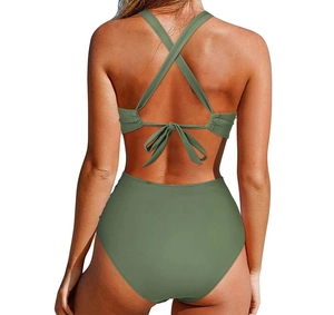 Detail showing the olive green ribbed texture and lace-up back design of the swimsuit