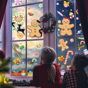 Gingerbread man and candy cane static PVC Christmas window stickers for holiday decor