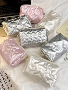 Quilted Heart Bow Cosmetic Bag PU Leather Large Capacity Makeup Pouch Travel Toiletry Storage For Women