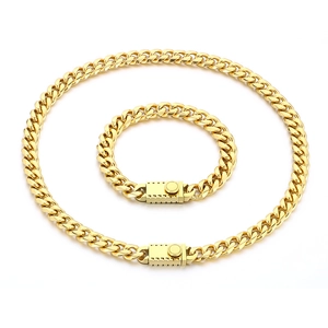 Polished gold 10mm cuban chain necklace and bracelet set with secure box clasp closure