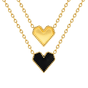 Minimalist stainless steel heart necklaces with gold beads and black enamel pendants