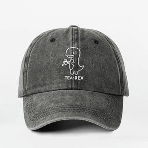 Detailed view of the embroidered tea-rex dinosaur graphic on a dark grey baseball cap