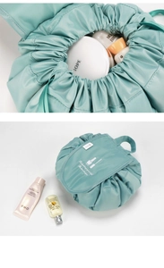 Detail of waterproof drawstring makeup bag showing both expanded and closed storage forms