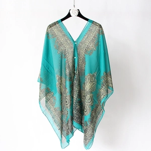 Detail of teal chiffon shawl featuring elegant white pearl buttons and floral print