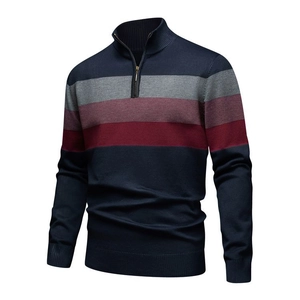 Close-up of slim fit knit sweater featuring half-zip stand collar and striped patterns