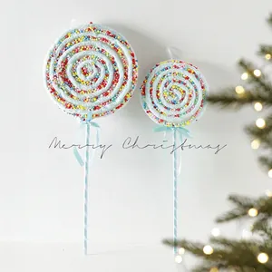 Set of two light blue candy cane Christmas tree ornaments with colorful sugar bead accents