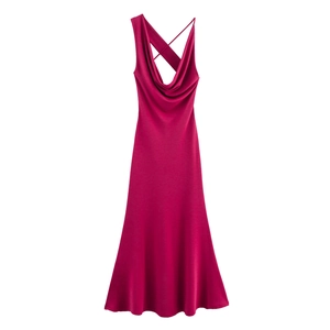 Abito Maxi Con Scollo A Cappuccio In Raso Di Raso Schiena Scoperta Spalline Incrociate Sexy Slim Fit Senza Maniche Festa
