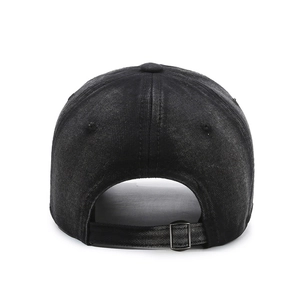 Rear view of vintage washed black denim baseball cap with adjustable metal slide buckle
