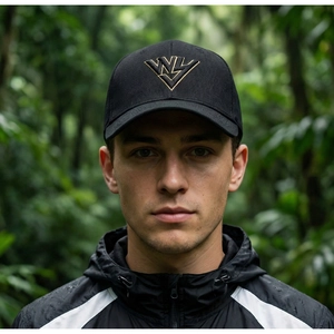 Detail einer schwarzen Baseballkappe mit goldener WL Stickerei in natürlicher Umgebung