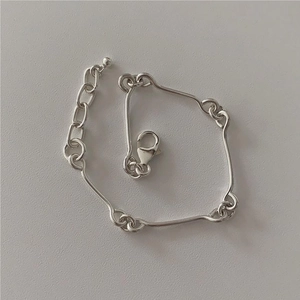 Minimalist S925 sterling silver wavy bar link bracelet with adjustable chain for women
