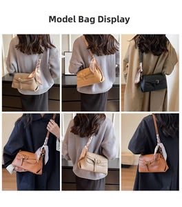 Detail view of stylish square crossbody bags in various colors with silk scarf handles