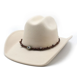 Cream wool western cowboy hat with brown braided leather band and evil eye charm detail