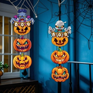 Halloween hanging decorations featuring Frankenstein and Mummy with Boo banners for party decor